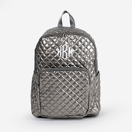 monogrammed diamond quilted backpack in metallic silver shadow