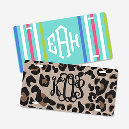 monogrammed license plates in leopard print and stripes