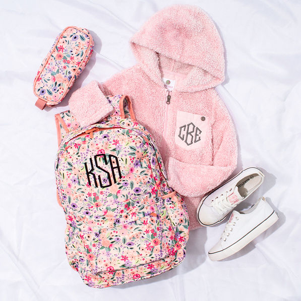 sherpa hoodie with coral floral bookbag and pencil case