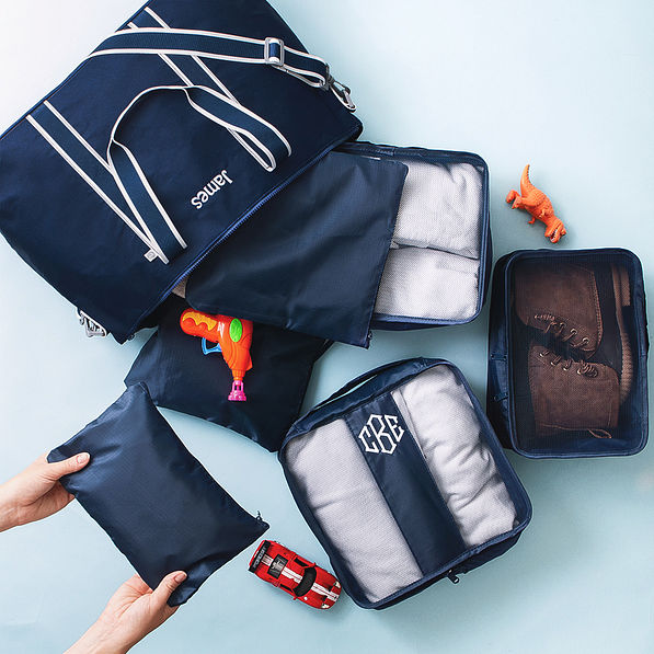 boys navy packing bag set with matching monogrammed weekend bag