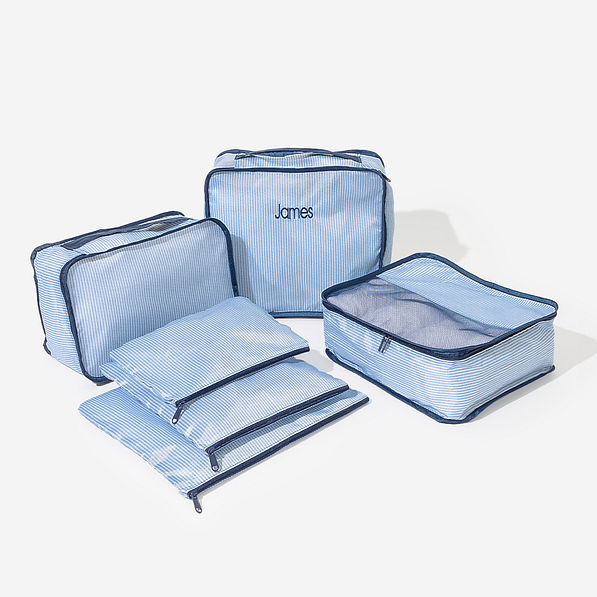 monogrammed kids packing bag set in blue seersucker