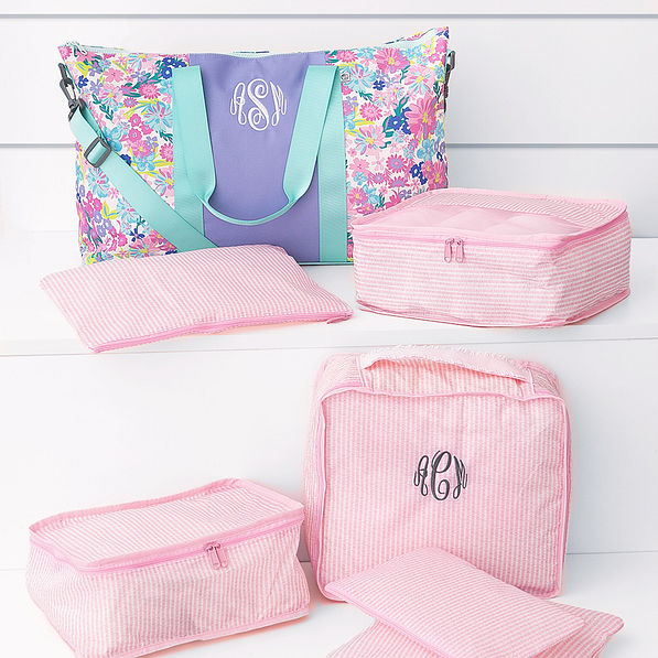 pink seersucker monogrammed youth packing bag sets with mint oopsie daisy weekend bag