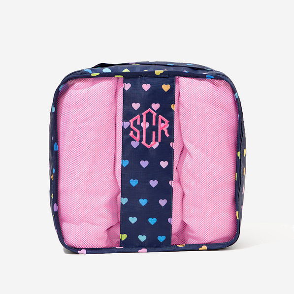 Monogrammed Kids Packing Bag in Navy Rainbow Hearts