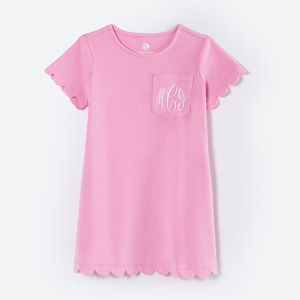 monogrammed kids scalloped dress in carnation