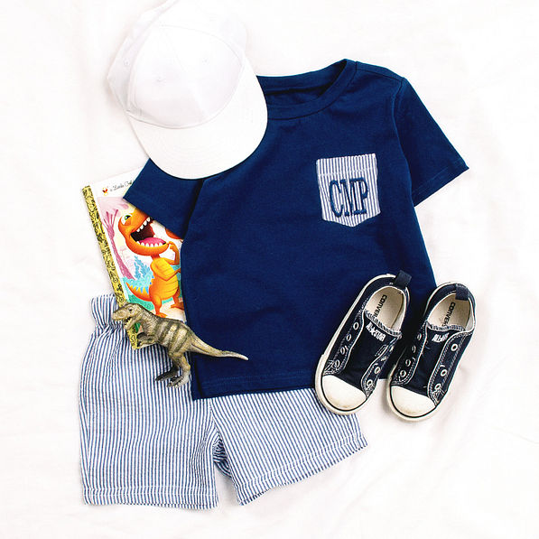 boys monogrammed top outfit with seersucker shorts