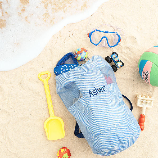 navy seersucker kids beach backpack bag flatlay