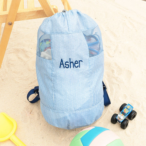 navy seersucker kids beach backpack bag on sand