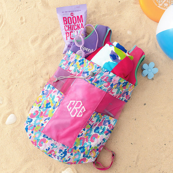 watercolor cheetah kids beach backpack bag in sand