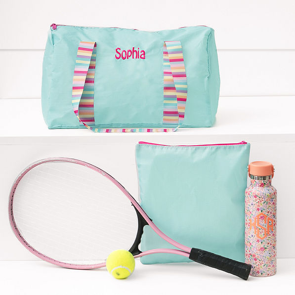 mint personalized kids activity bag with tennis gear and water bottle