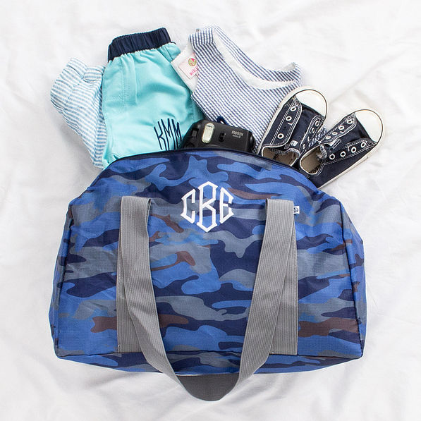 blue camo monogrammed activity bag spill