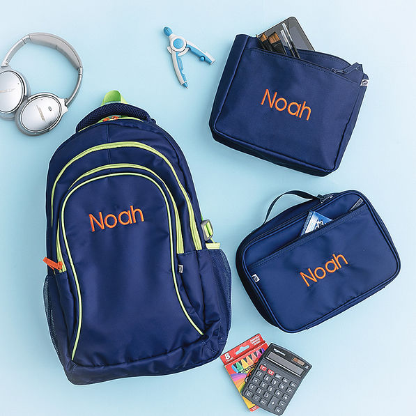 navy monogrammed backpack lunch box and essentials pouch