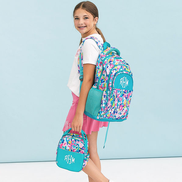 watercolor cheetah matching monogrammed lunch box and backpack