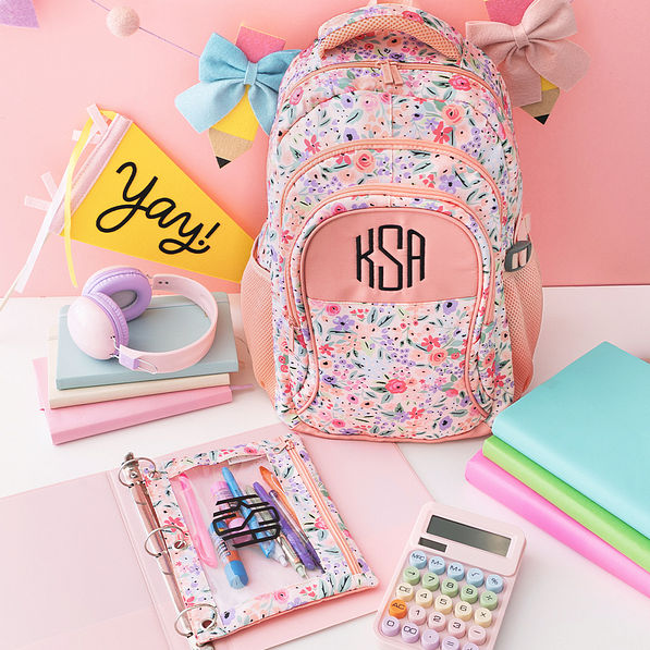 monogrammed coral floral backpack and binder pencil pouch