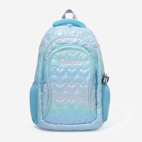 monogrammed backpack in blue quilted hearts light monogram