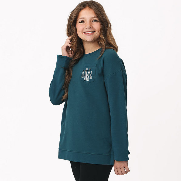 girl wearing monogrammed deep teal crewneck sweatshirt