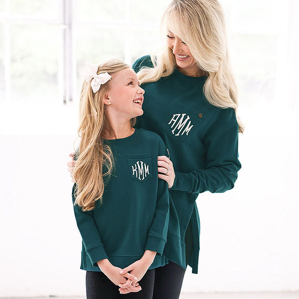 mom and me deep teal monogrammed crewneck sweatshirts
