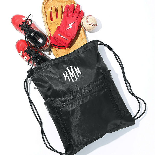 black kids cinch bag with baseball gear