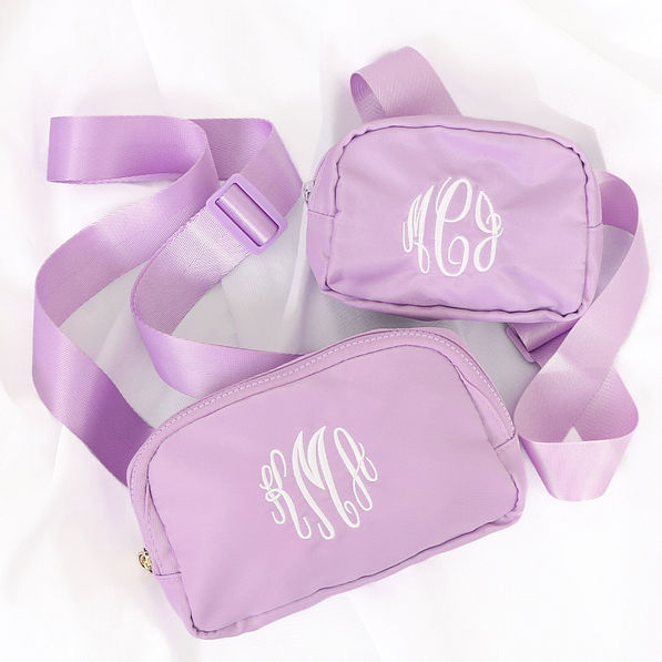 lavender monogrammed mom and me kids belt bags together