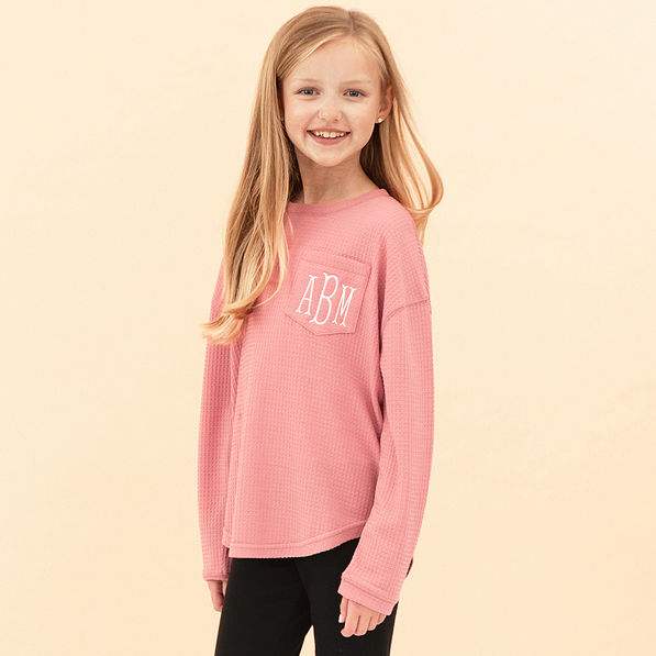 dusty rose kids waffle shirt on addie