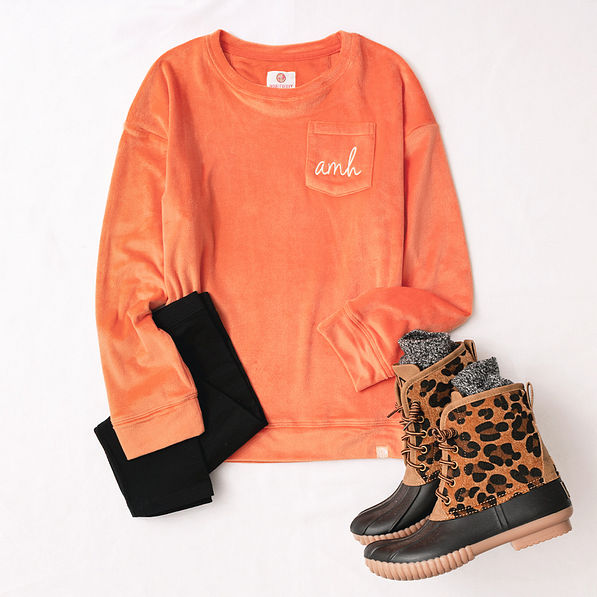 personalized softspun sweatshirt in pumpkin with duck boots