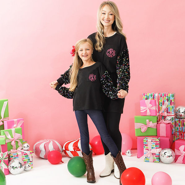 mom and me sequin sweatshirts on addie and brittany