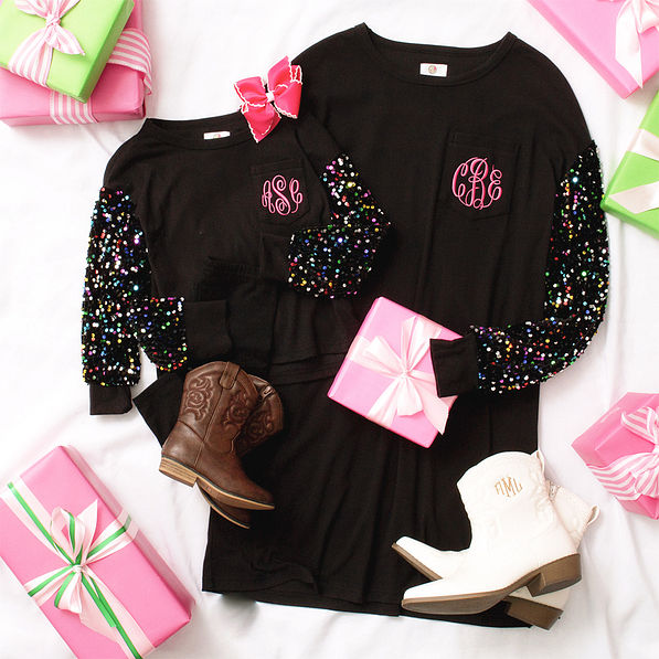 mom and me kids sequin sweatshirts flatlay