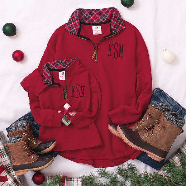 mom and me red plaid monogrammed quarter zip sweatshirts