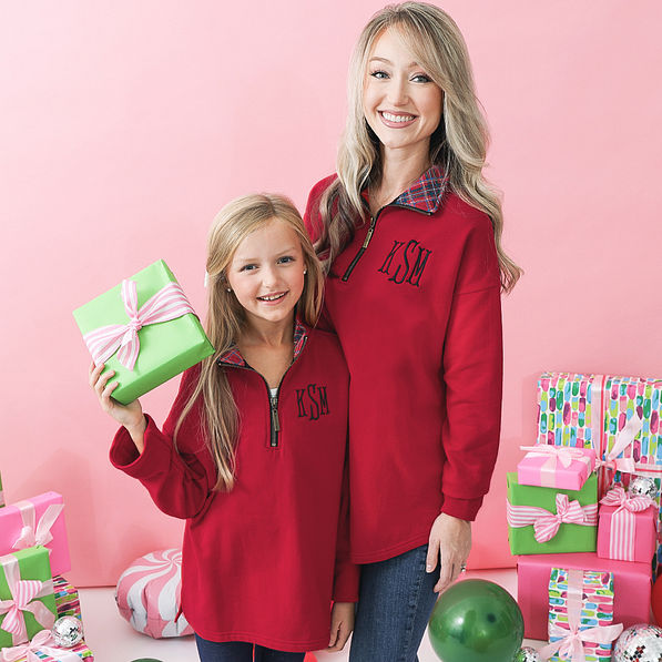 monogrammed mom and me red plaid quarter zip sweatshirt with christmas gifts