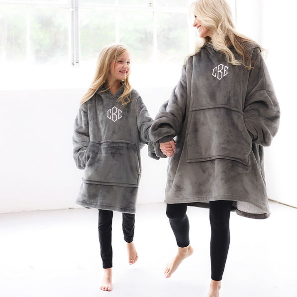 charcoal mom and me blanket hoodies studio shot
