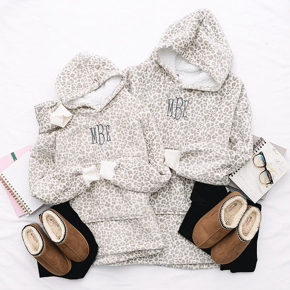 mom and me snow leopard monogrammed blanket hoodies