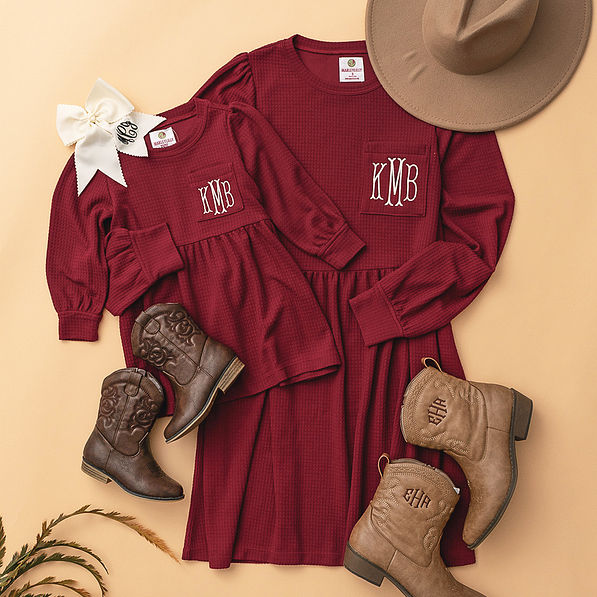mom and me monogrammed kids burgundy waffle dress ootd