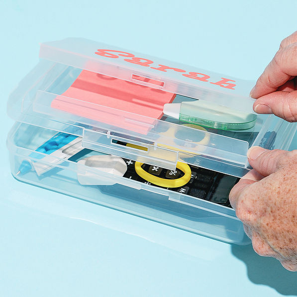 clear pencil box second pocket with name