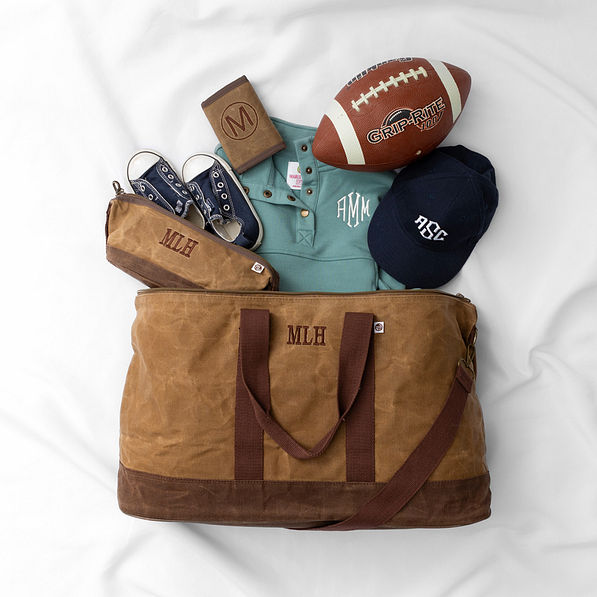 waxed canvas dopp kit with weekender and wallet