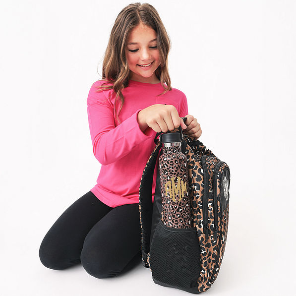 cheetah monogrammed kids backpack and waterbottle in side pocket