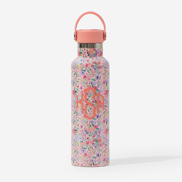 monogrammed kids water bottle in coral floral