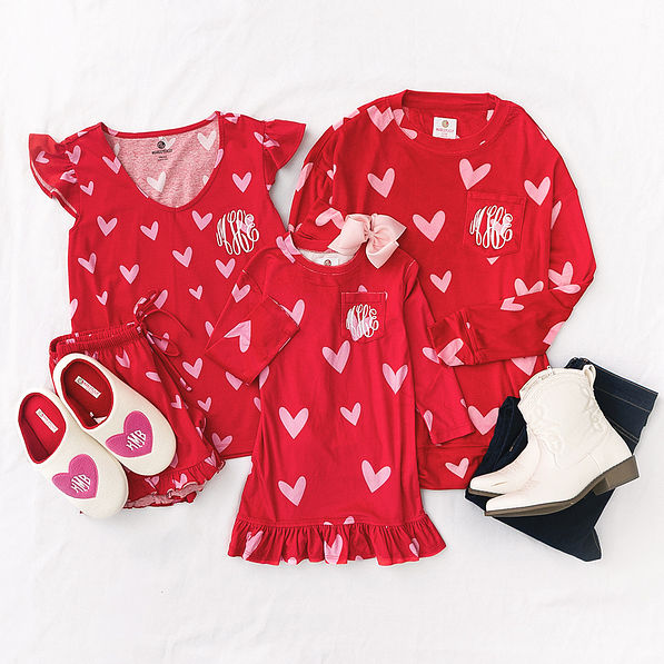 red hot hearts monogrammed nightgown pajama set and sweatshirt