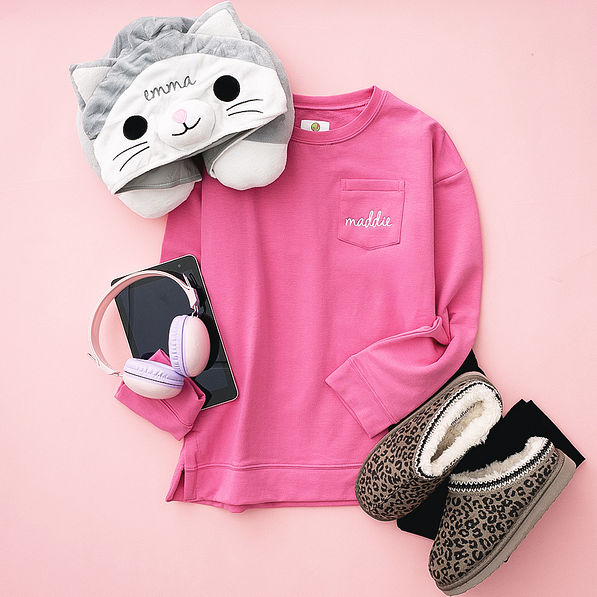 kids leopard print moccasins with monogrammed crewneck sweatshirt