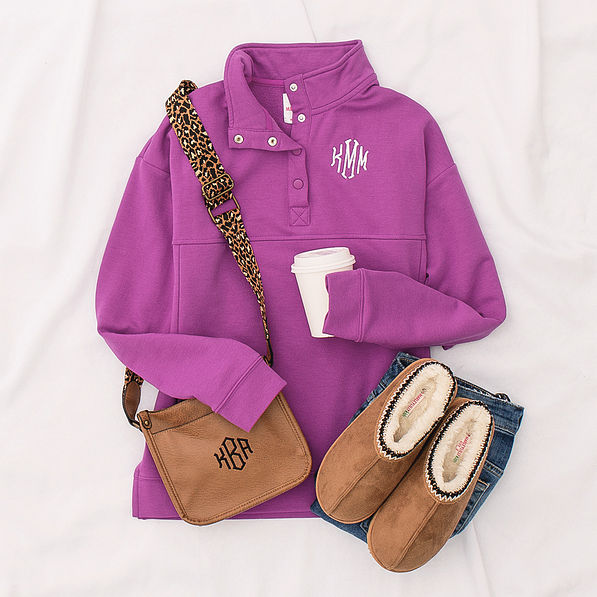 kids moccasins ootd with orchid monogrammed pullover and saddlebag