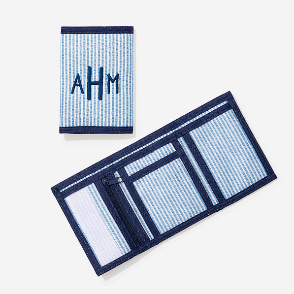 personalized wallet in navy seersucker