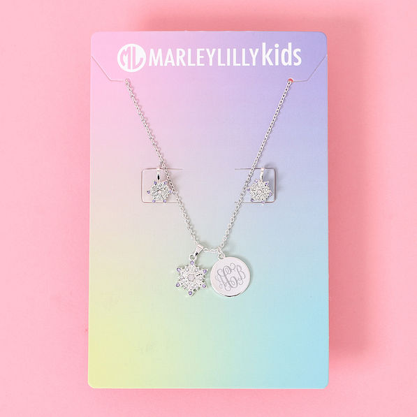 monogrammed girls snowflake jewelry set with clip on earrings packaging