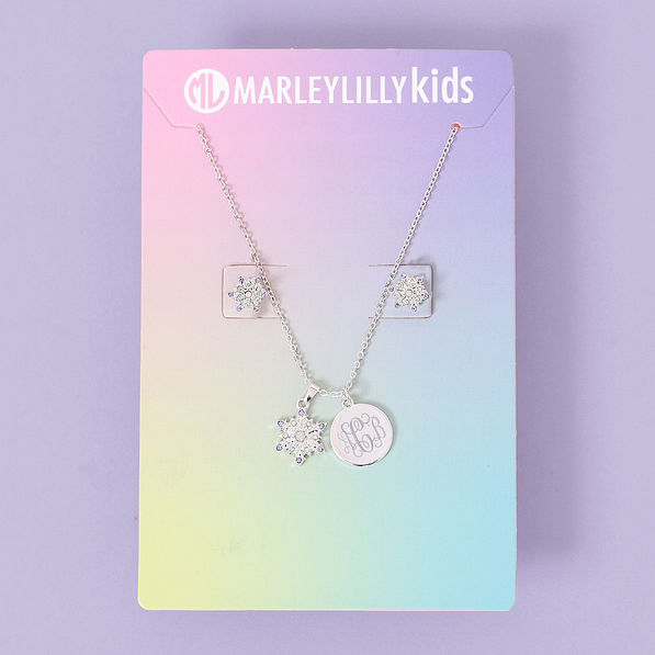 monogrammed girls snowflake jewelry set with pierced earrings packaging