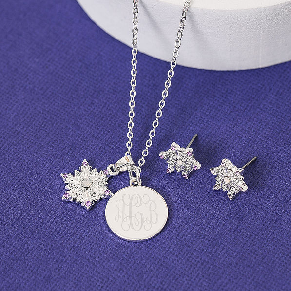 pierced girls snowflake earrings and monogrammed necklace