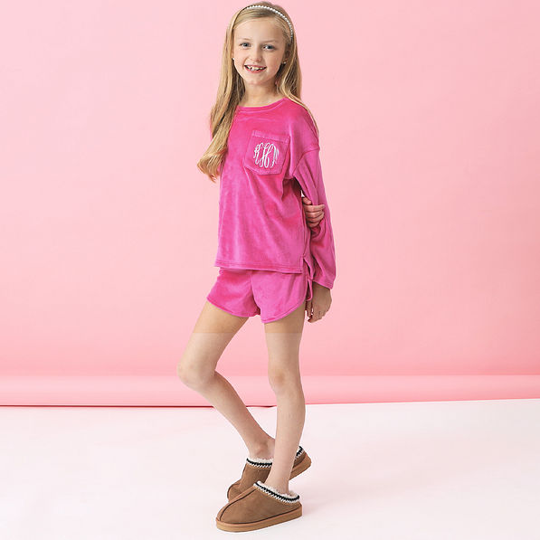 monogrammed hot pink softspun kids lounge set