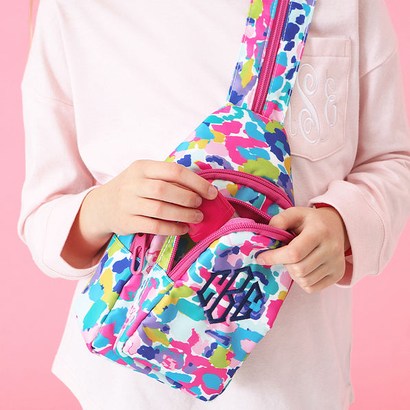 watercolor cheetah kids sling backpack up close