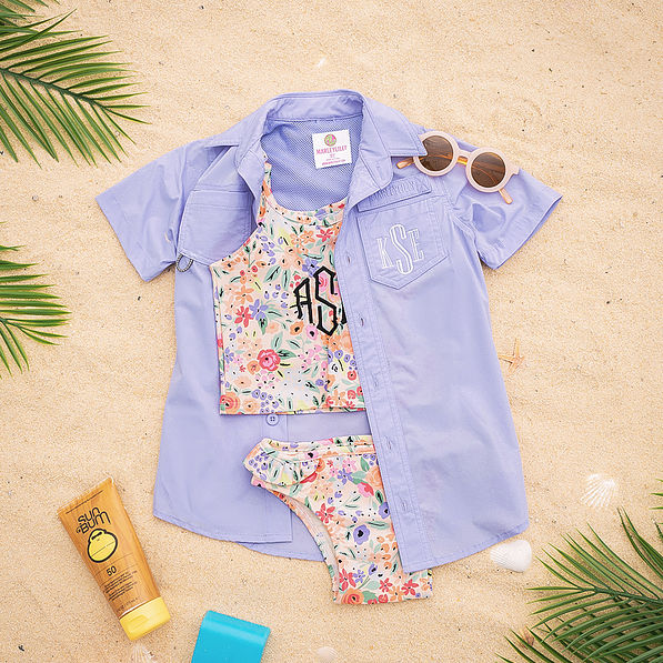 personalized lavender fishing shirt with coral floral ruffle tankini