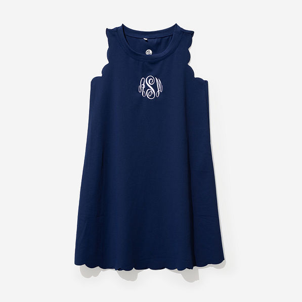 monogrammed girls scallop dress in navy