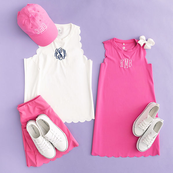 white scallop tank and hot pink girls monogrammed scalloped dress