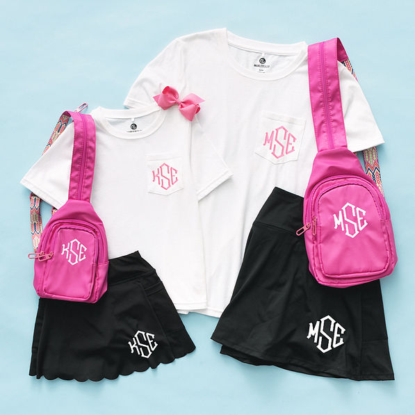 mom and me black monogrammed skorts ootd
