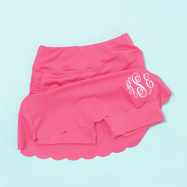 biker shorts under monogrammed hot pink skort