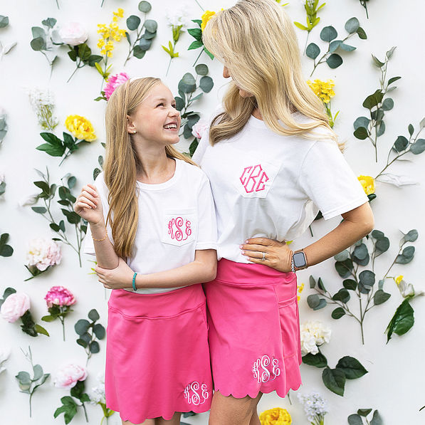 mom and me pink monogrammed skorts with flowers